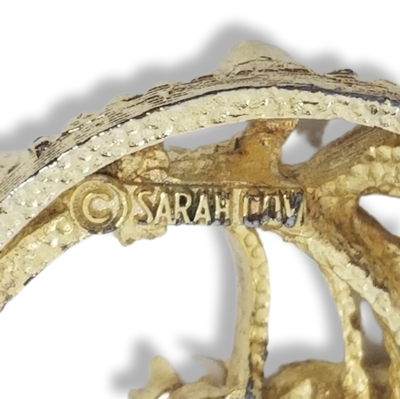 SARAH COVENTRY 1966 "JADE GARDEN"  JADE & CULTURED PEARL GOLDTONE FLORAL BROOCH - Picture 3 of 3